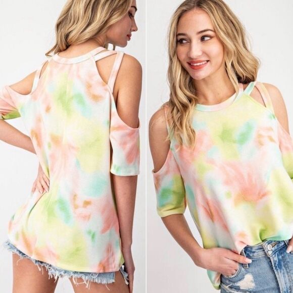 Sherbet Neon Baby French Terry Tie Dye Cold Shoulder Top Sizes Small & Med NWT - Picture 5 of 6